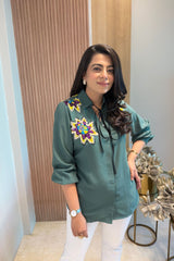 Embellished Knot Style Bottle Green Shirt
