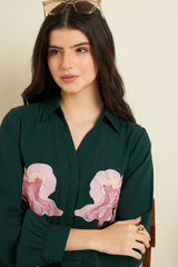 Dark Green Floral Embroidered Shirt