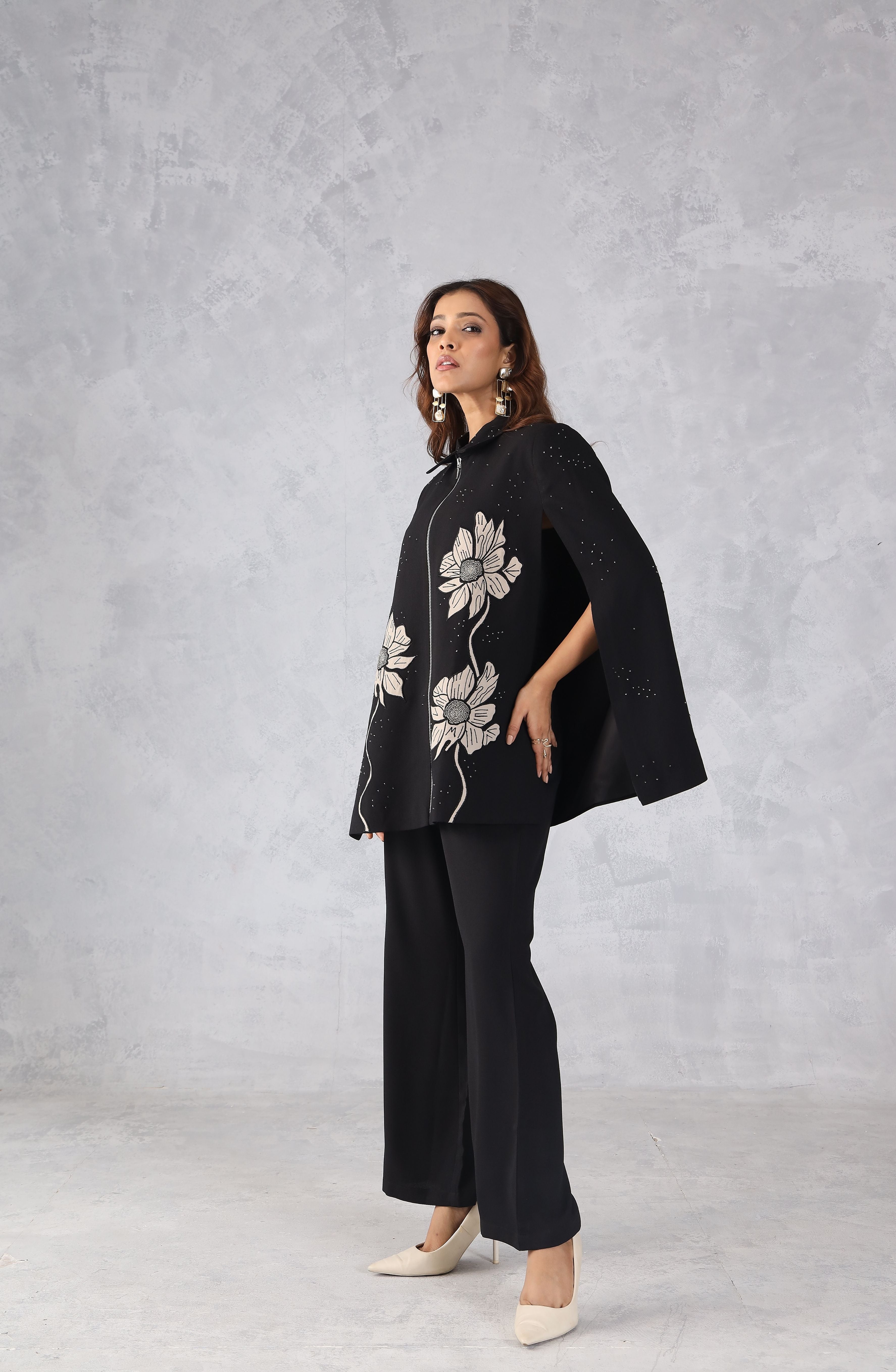Black Embroidered Cape Style Co-Ord Set