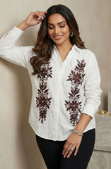 Linen Floral Embroidered Straight Shirt