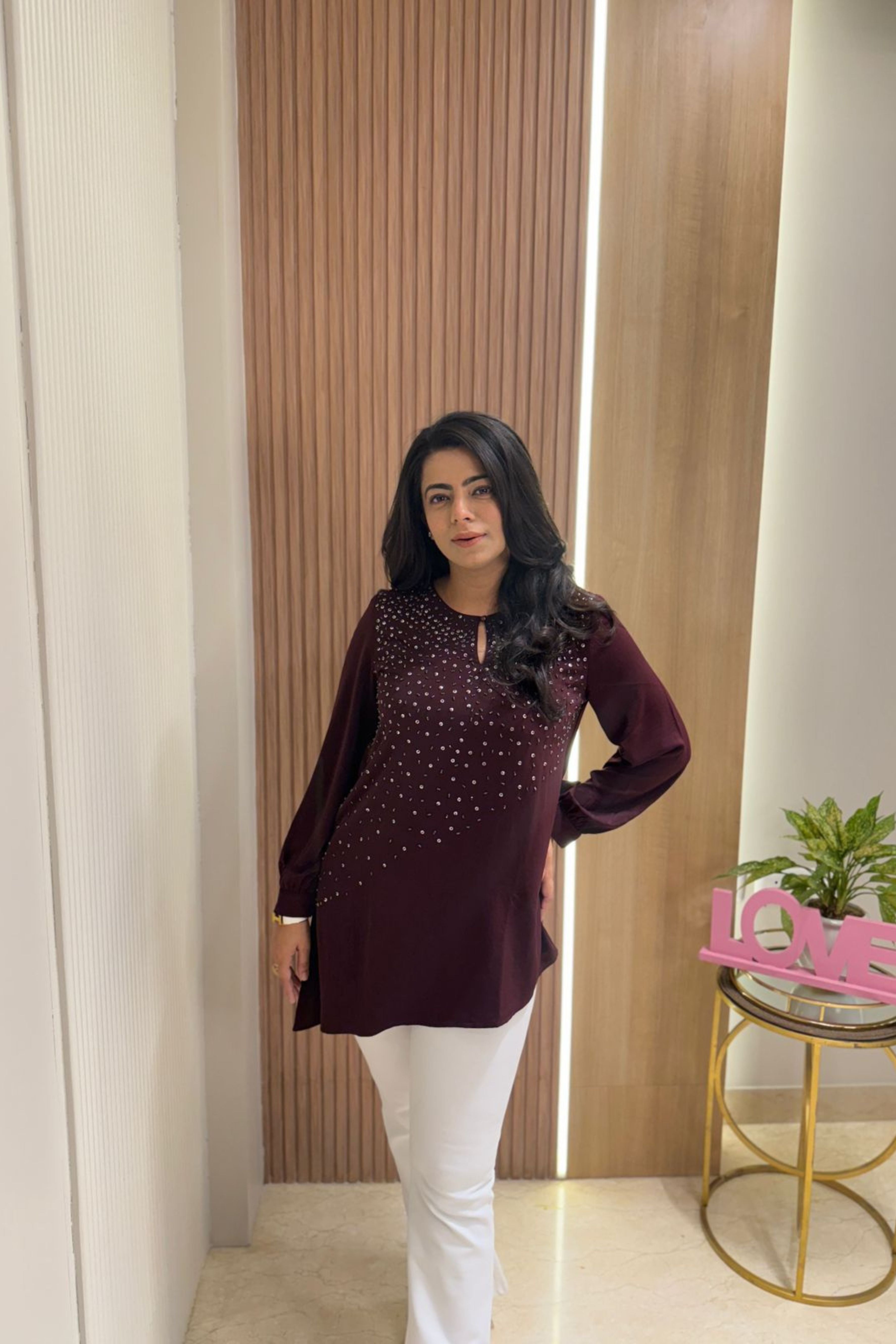 Wine Diagonal Embellished Top