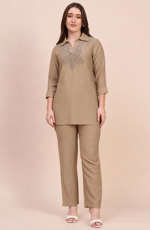 Beige Co-ord Set with Dori Embroidery