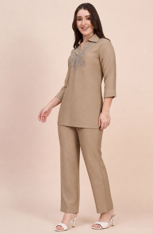 Beige Co-ord Set with Dori Embroidery