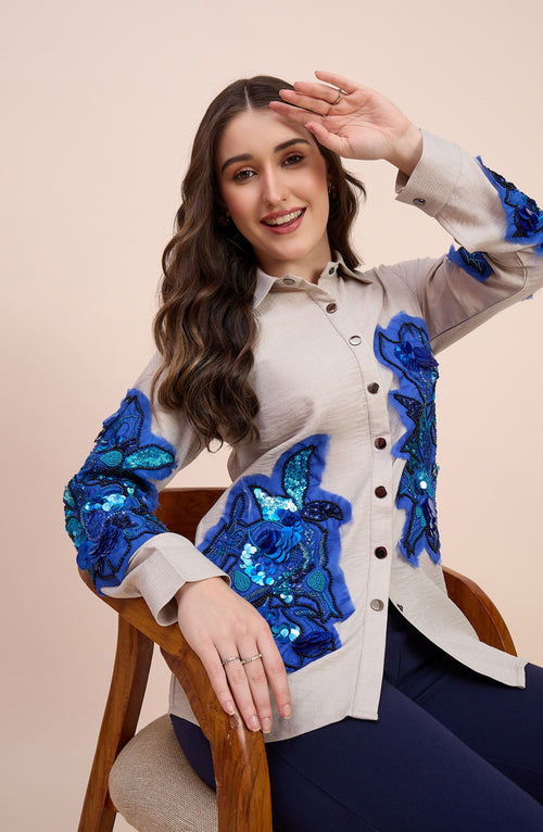 Beige Shirt with Blue Sequin Floral Applique