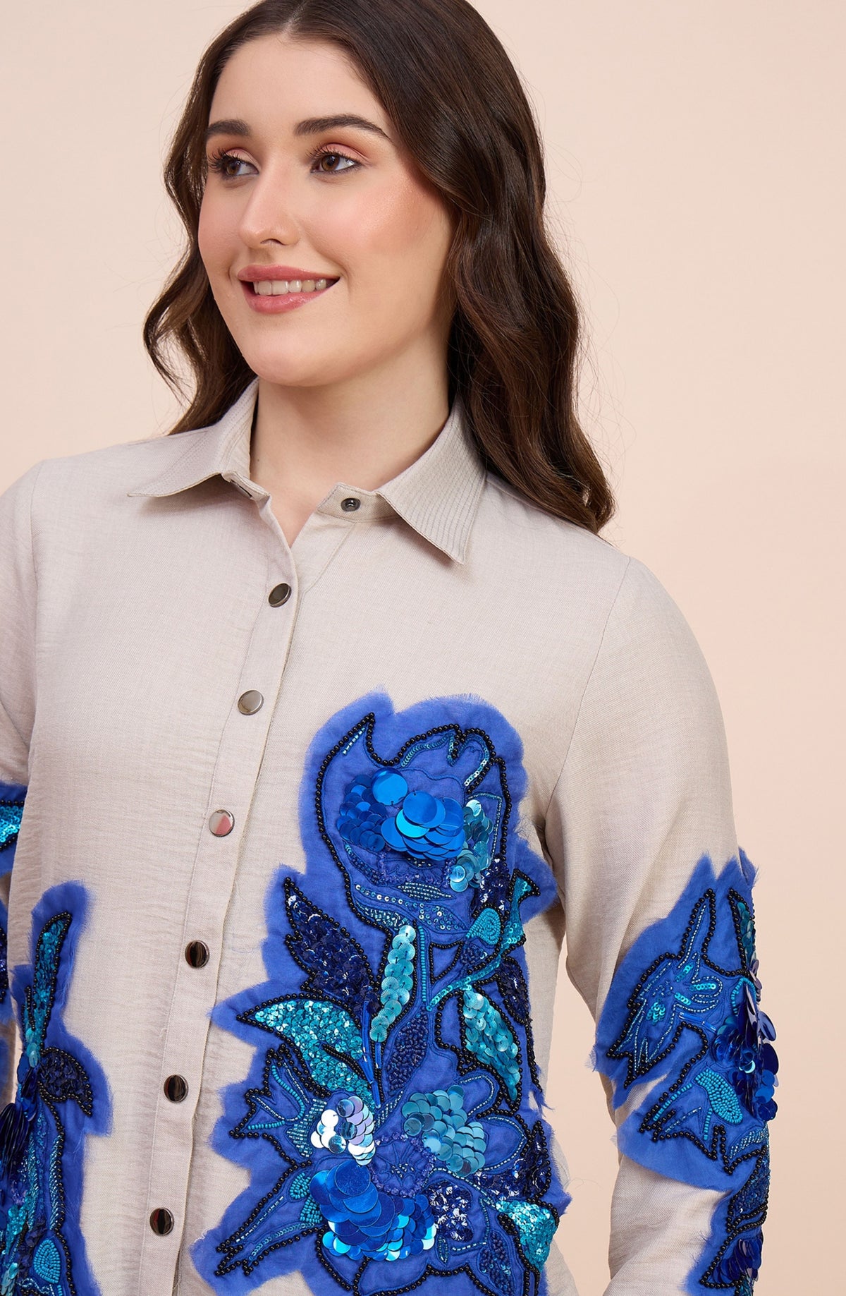 Beige Shirt with Blue Sequin Floral Applique