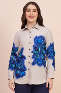 Beige Shirt with Blue Sequin Floral Applique