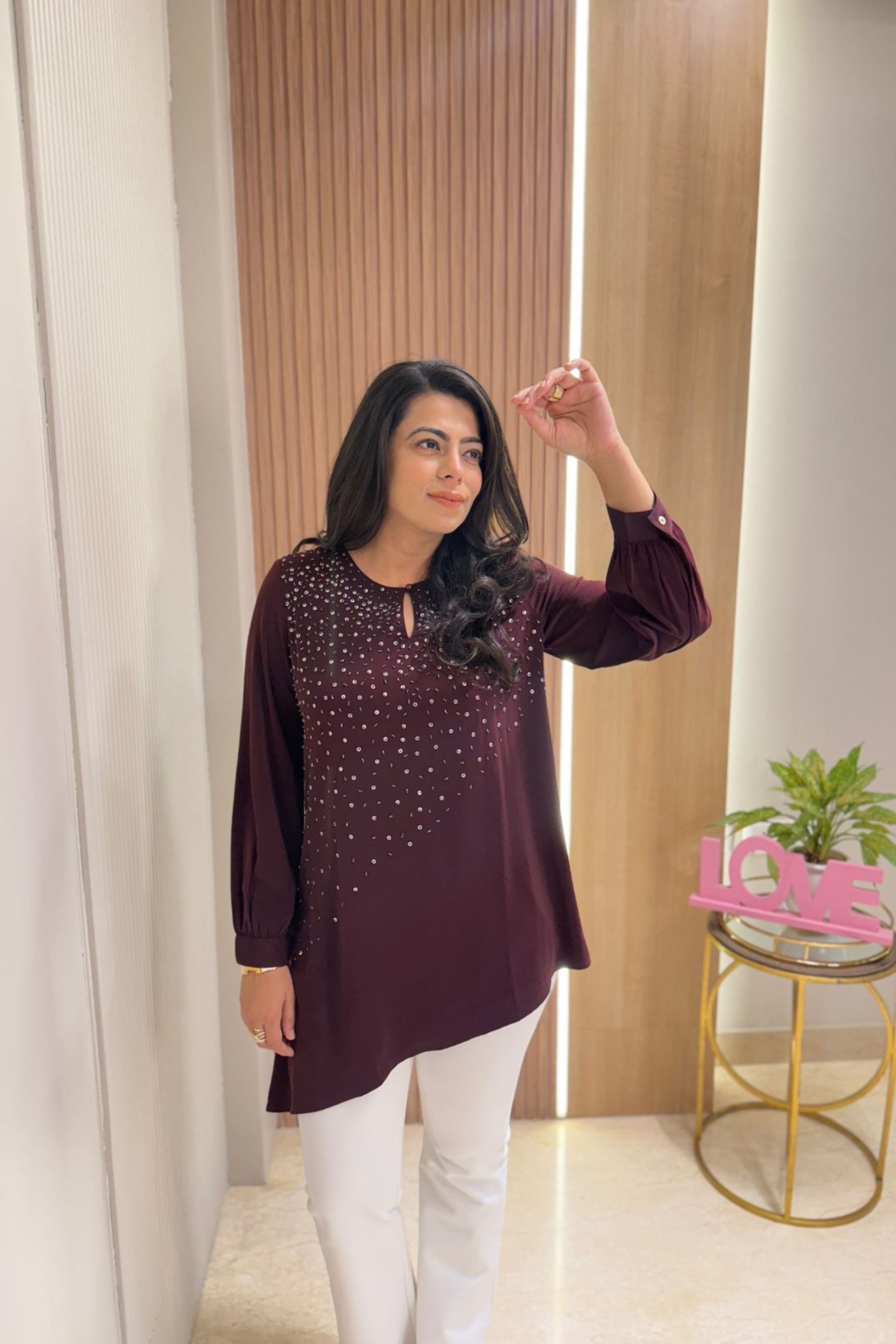 Wine Diagonal Embellished Top