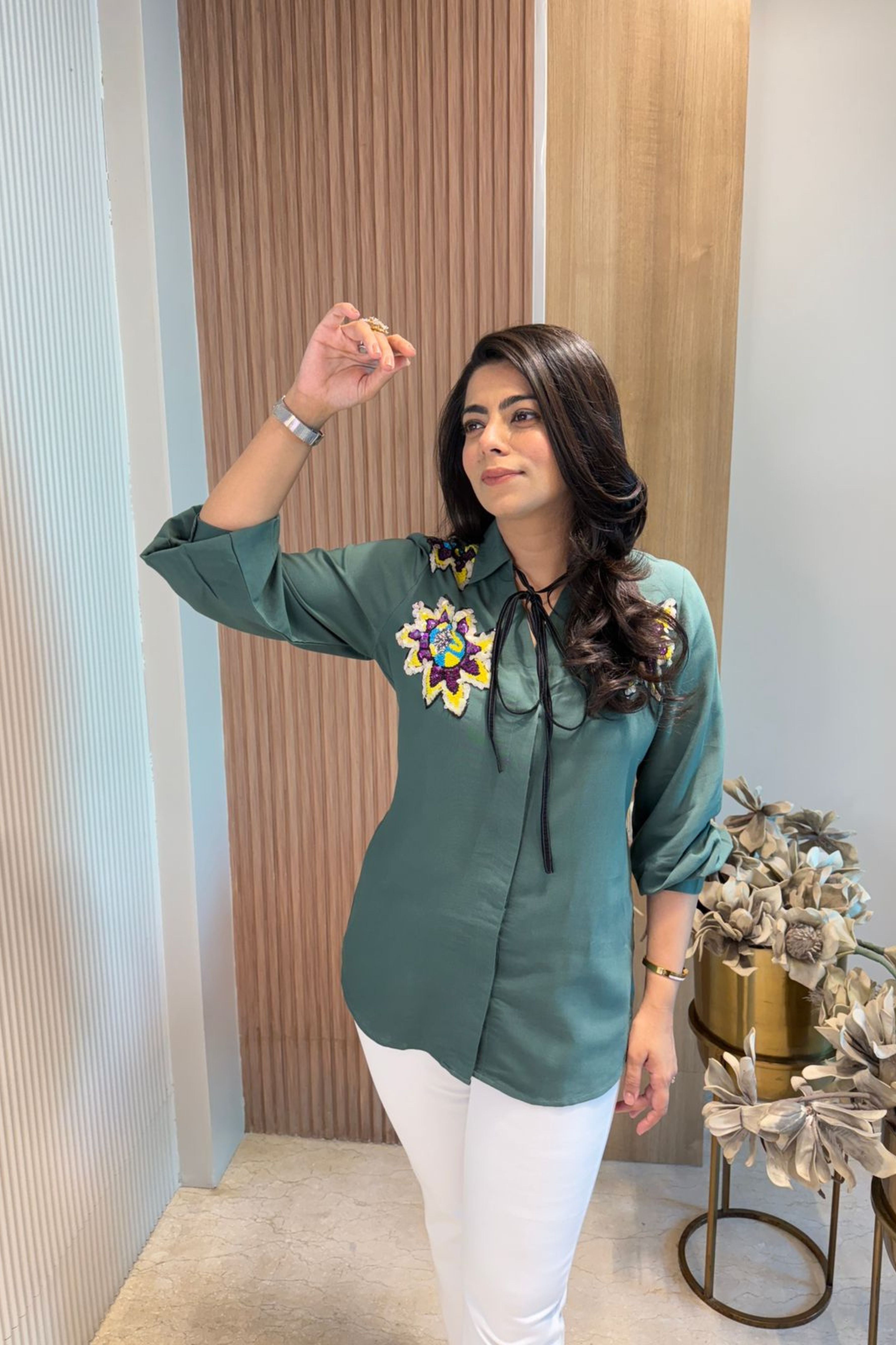 Embellished Knot Style Bottle Green Shirt