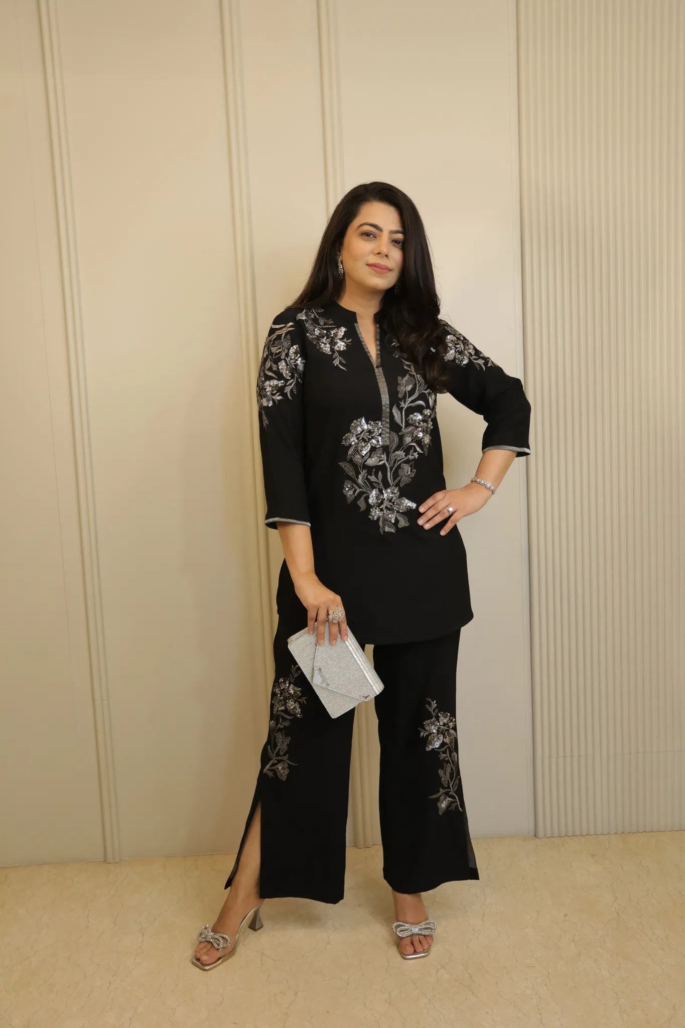 Black and Silver Floral Embellished Co-Ord Set