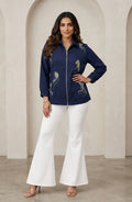 Navy Blue Embellished Zipper Shirt for Women