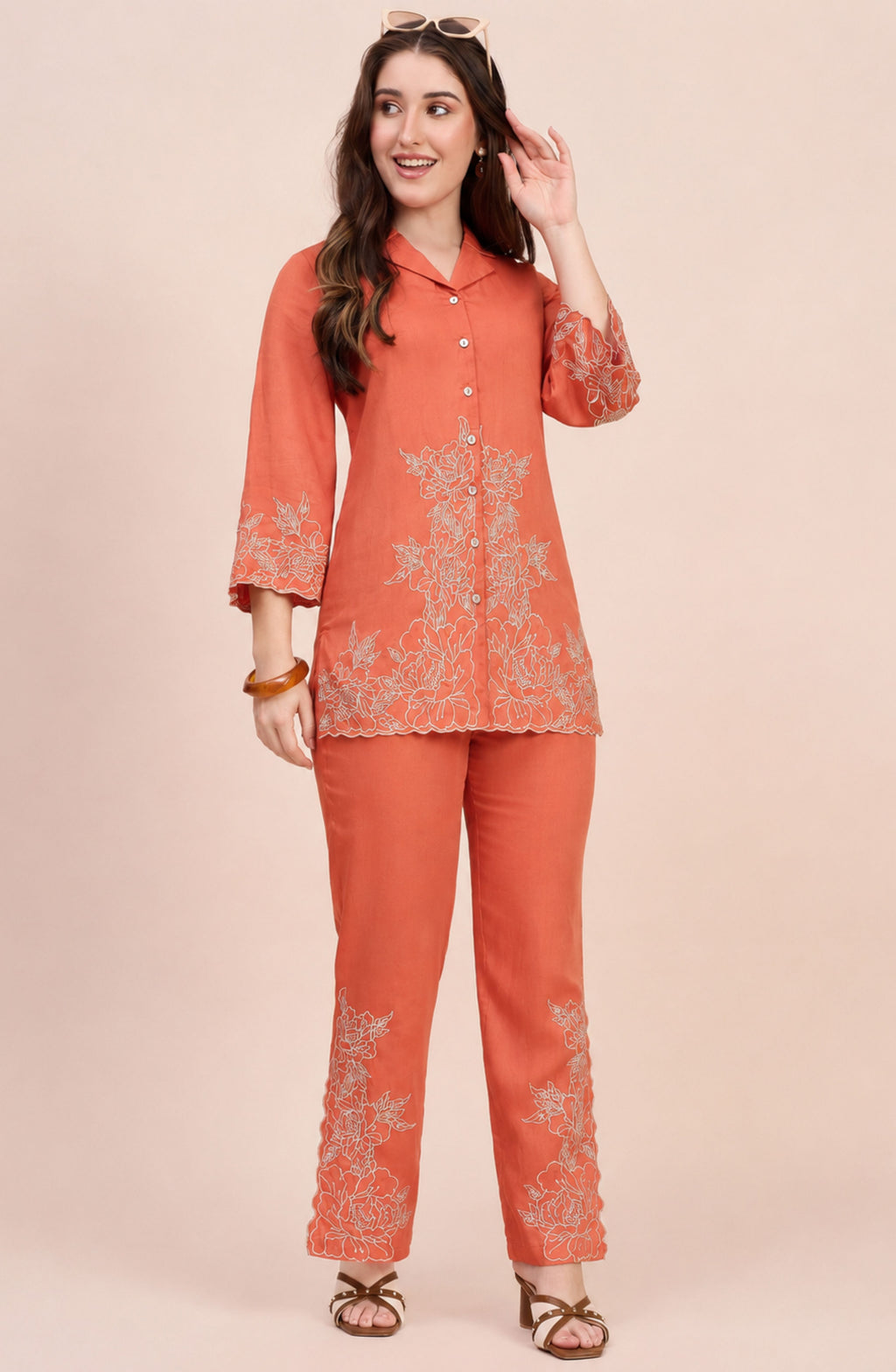 Rust Co-ord Set with Ivory Floral Embroidery