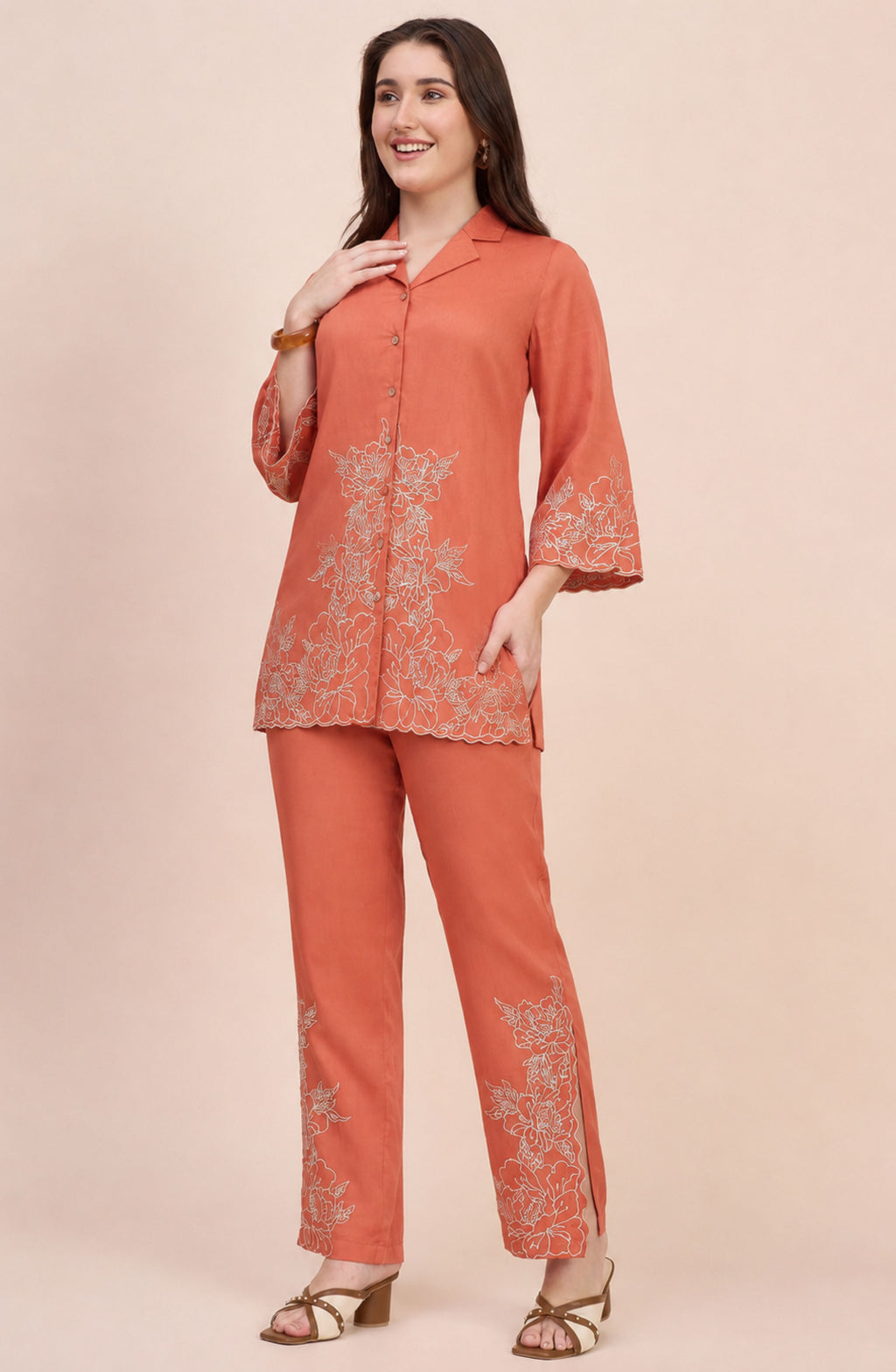 Rust Co-ord Set with Ivory Floral Embroidery