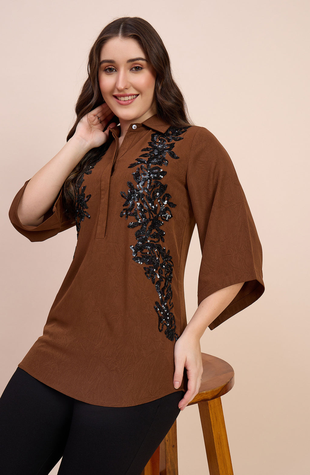 Brown Shirt with Black Sequin Floral Embellishment