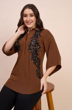 Brown Shirt with Black Sequin Floral Embellishment