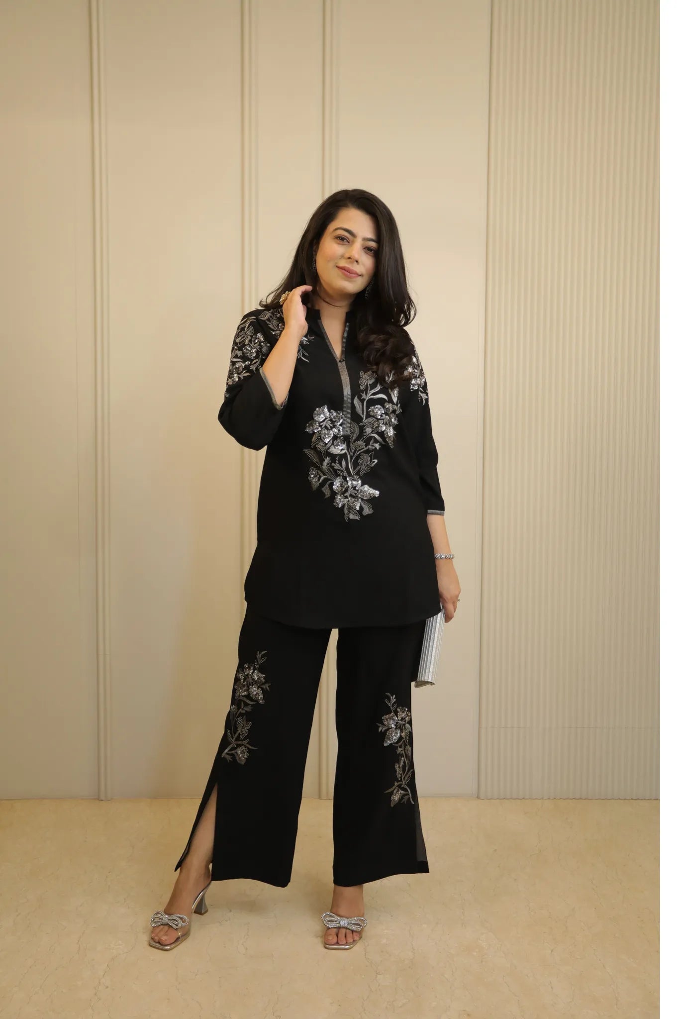 Black and Silver Floral Embellished Co-Ord Set