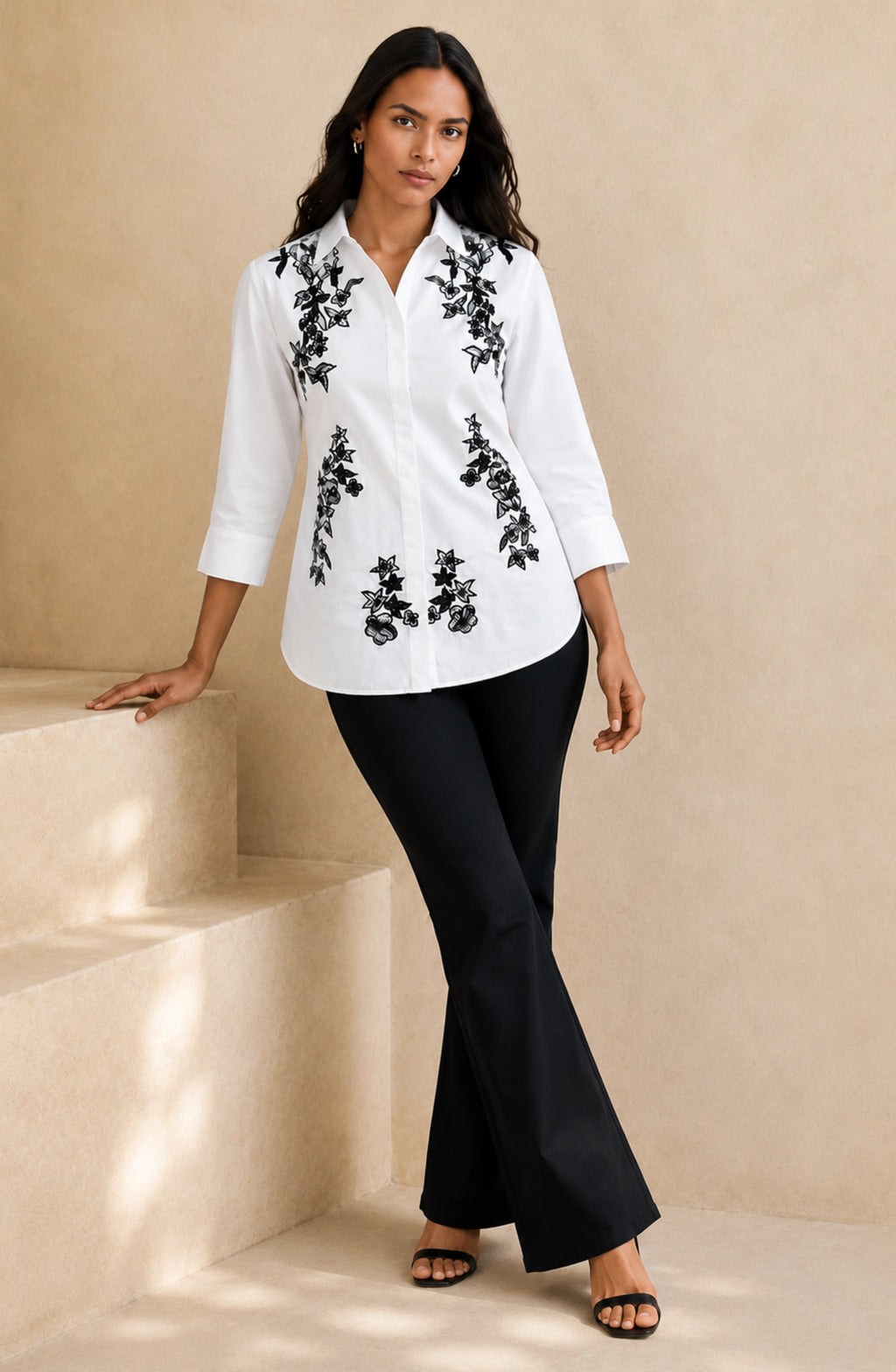 White Black Cotton Embroidered Shirt