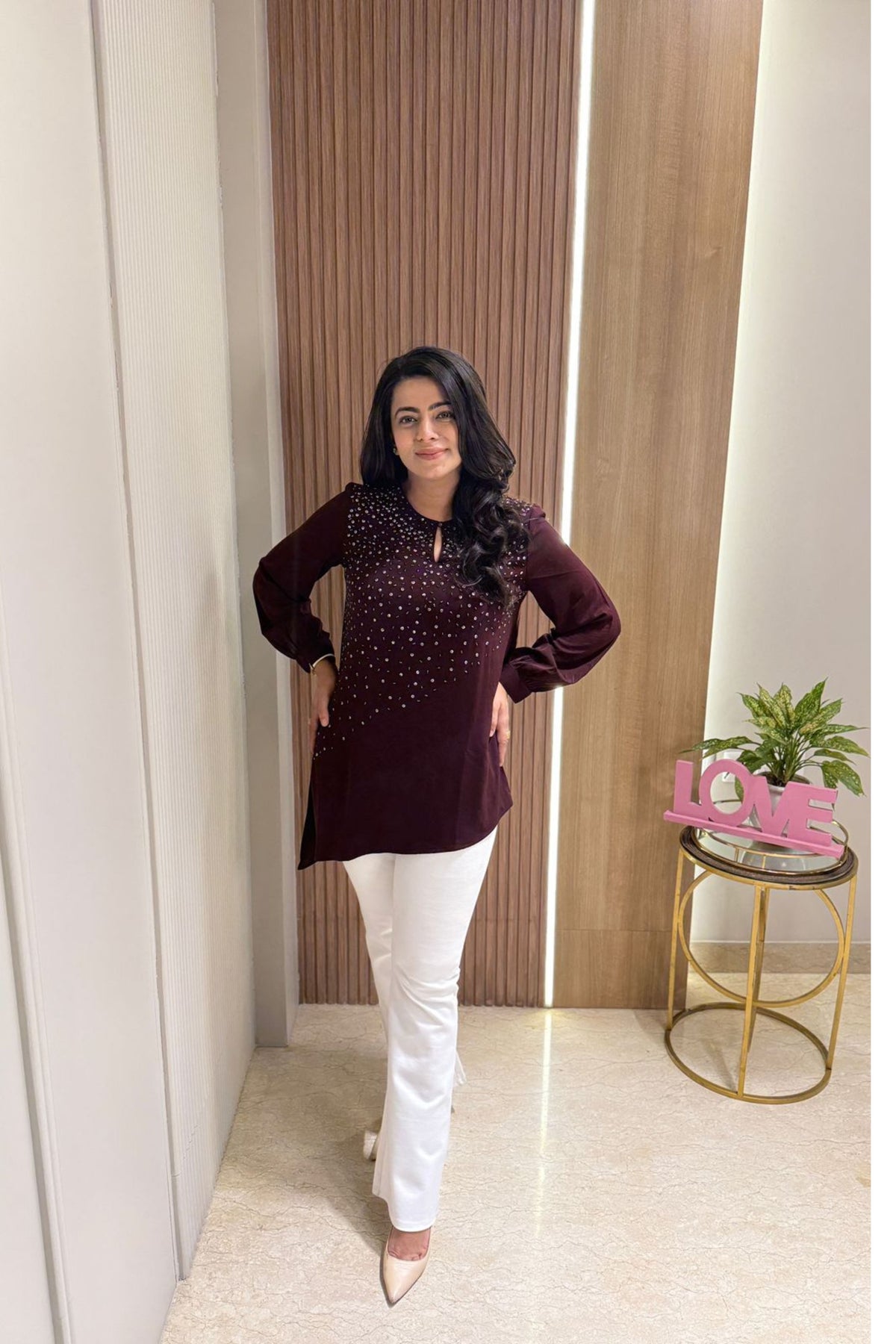 Wine Diagonal Embellished Top