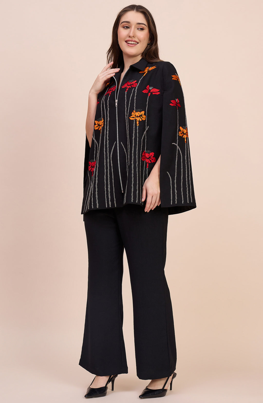 Black Floral Embellished Cape Co-Ord Set