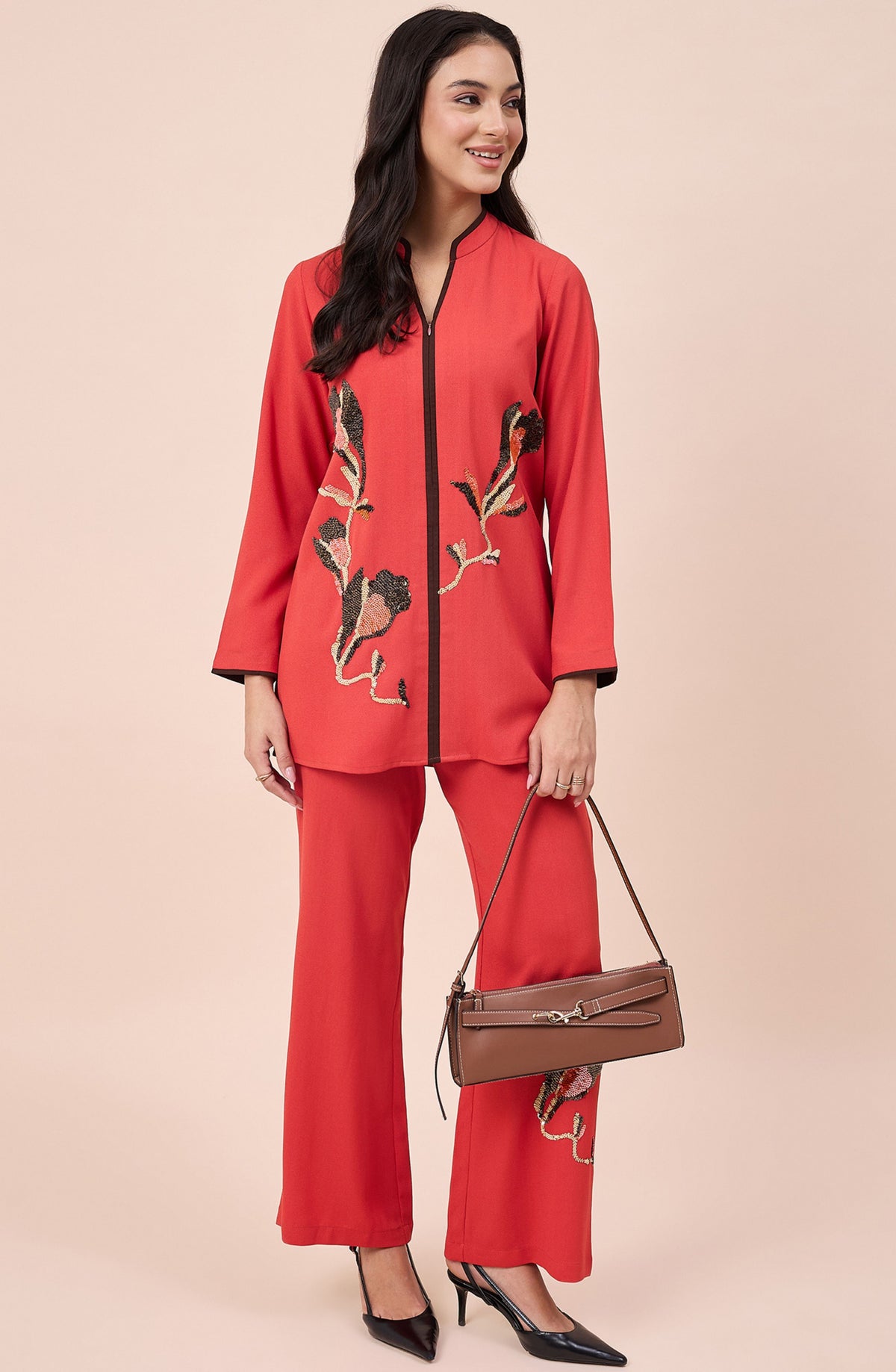 Coral Orange Embellished Co-ord Set