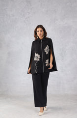 Black Embroidered Cape Style Co-Ord Set