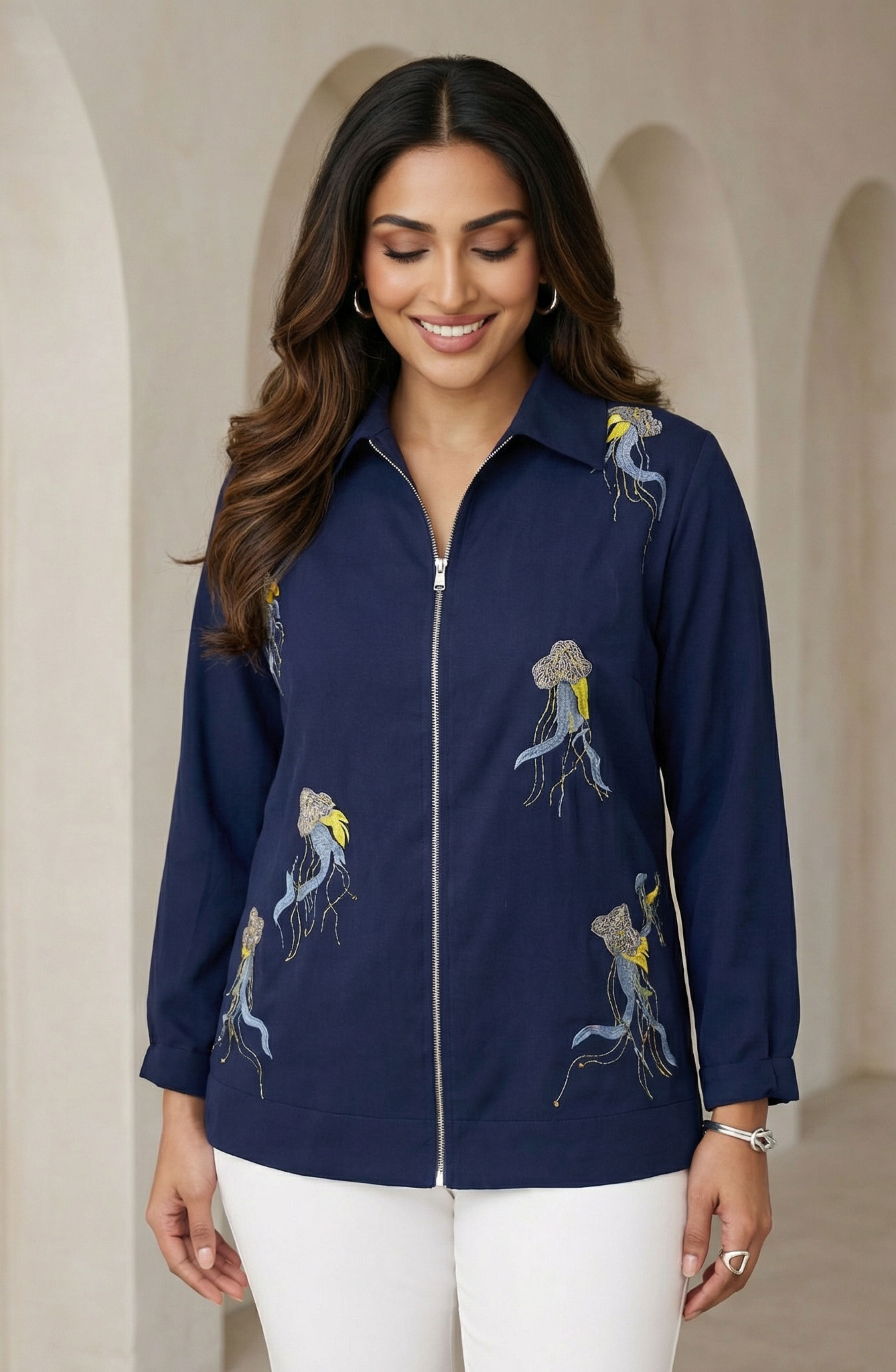 Navy Blue Embellished Zipper Shirt for Women