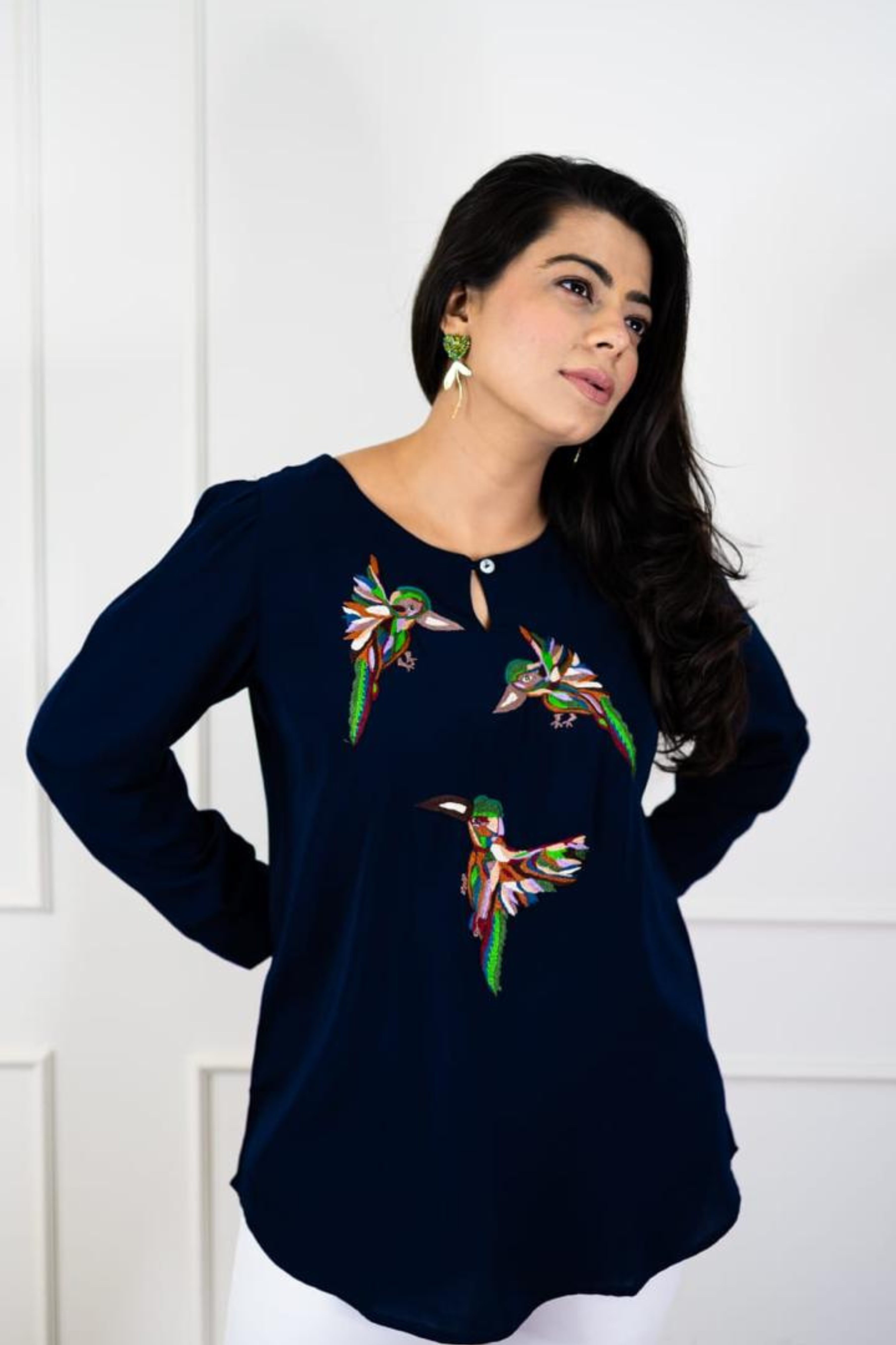 Navy Blue Shirt with Multicolor Bird Embroidery