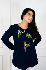 Navy Blue Shirt with Multicolor Bird Embroidery
