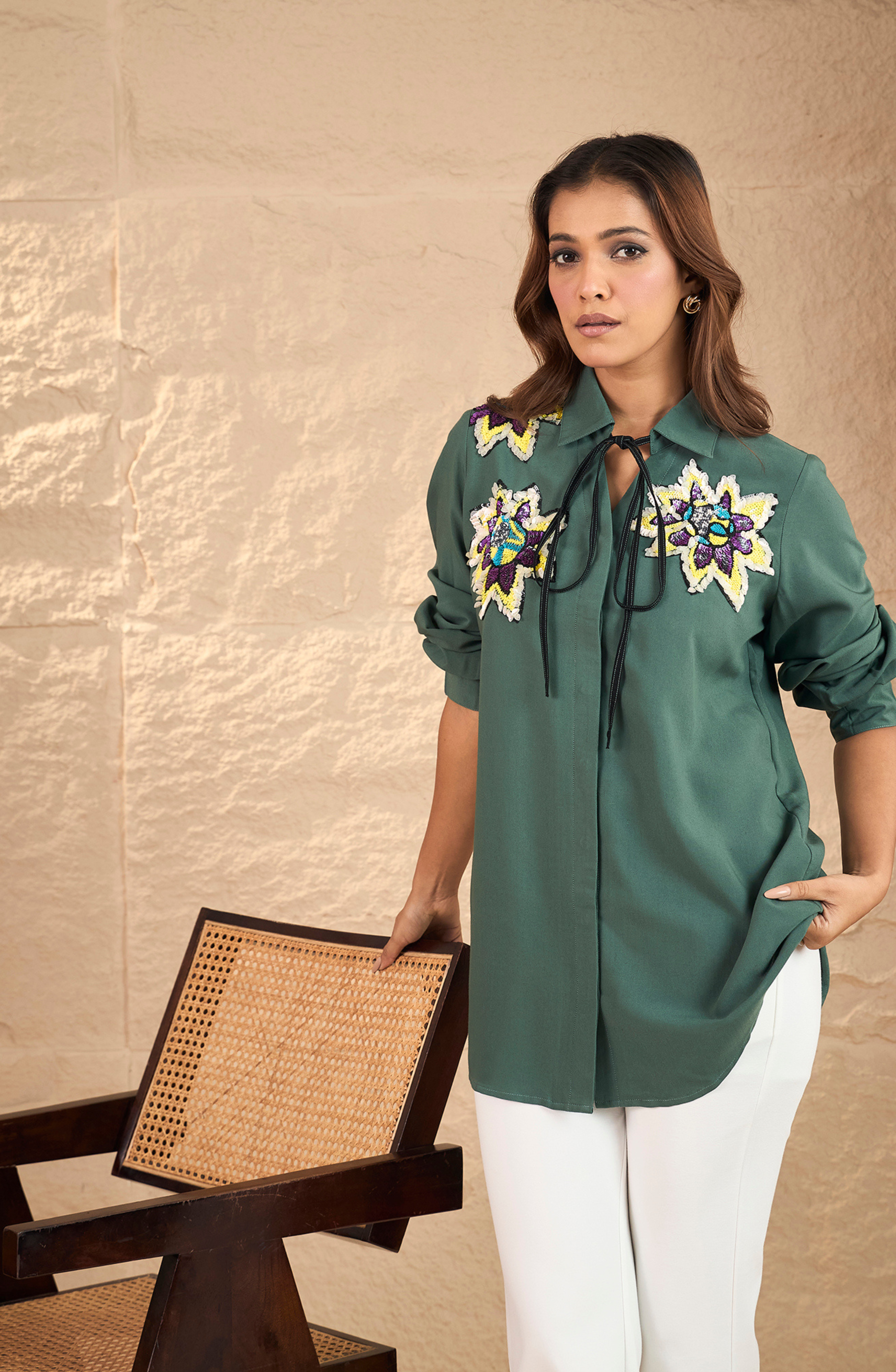 Embellished Knot Style Bottle Green Shirt