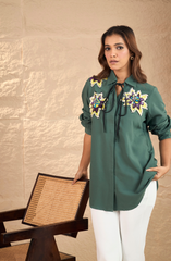 Embellished Knot Style Bottle Green Shirt