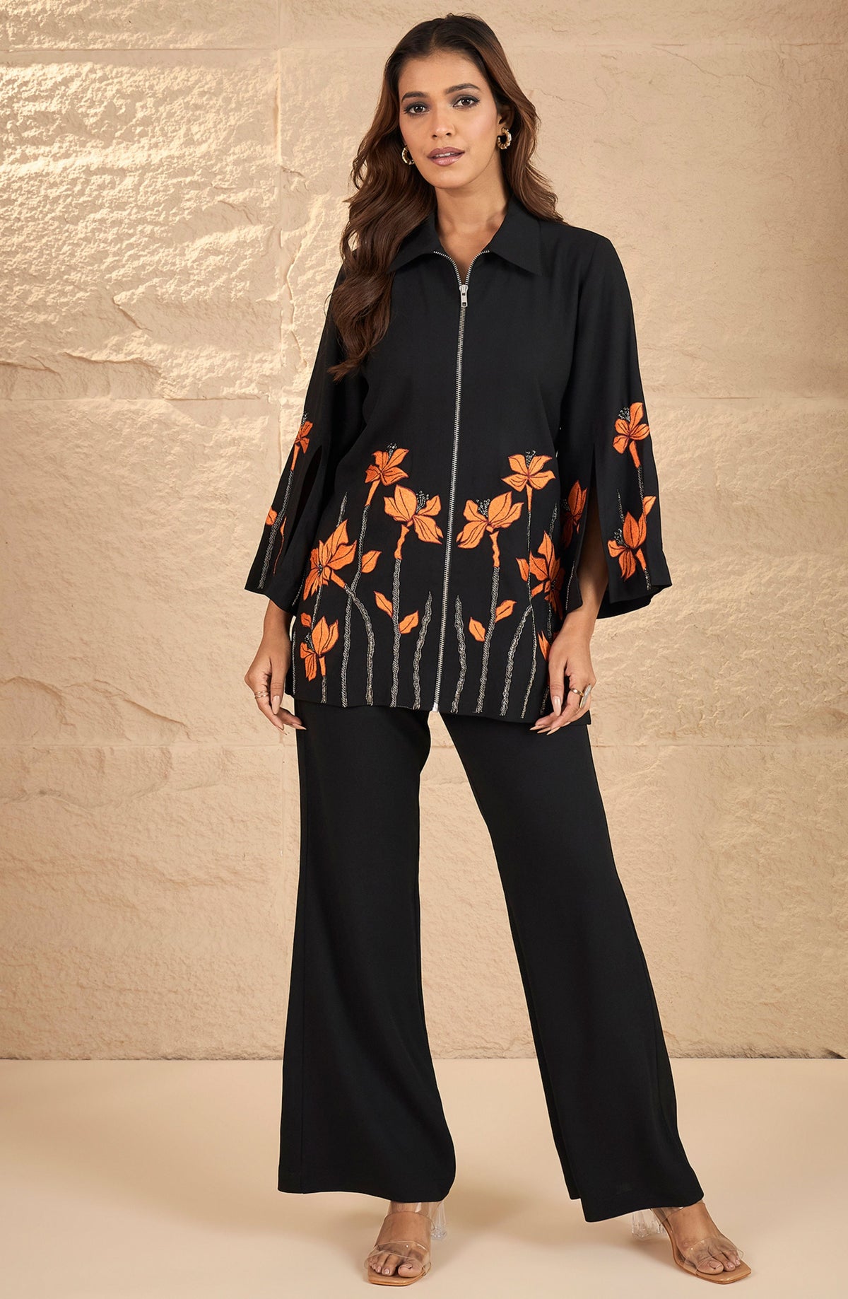 Black Floral Zipper Co-Ord Set