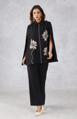 Black Embroidered Cape Style Co-Ord Set