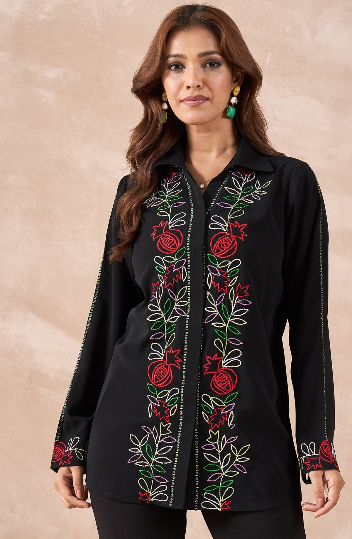 Black Multicolour Botanical Embroidered Shirt