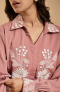 Dusty Rose Shirt with Ivory Floral Embroidery
