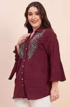 Maroon Shirt with Metallic Beaded Fern Embroidery