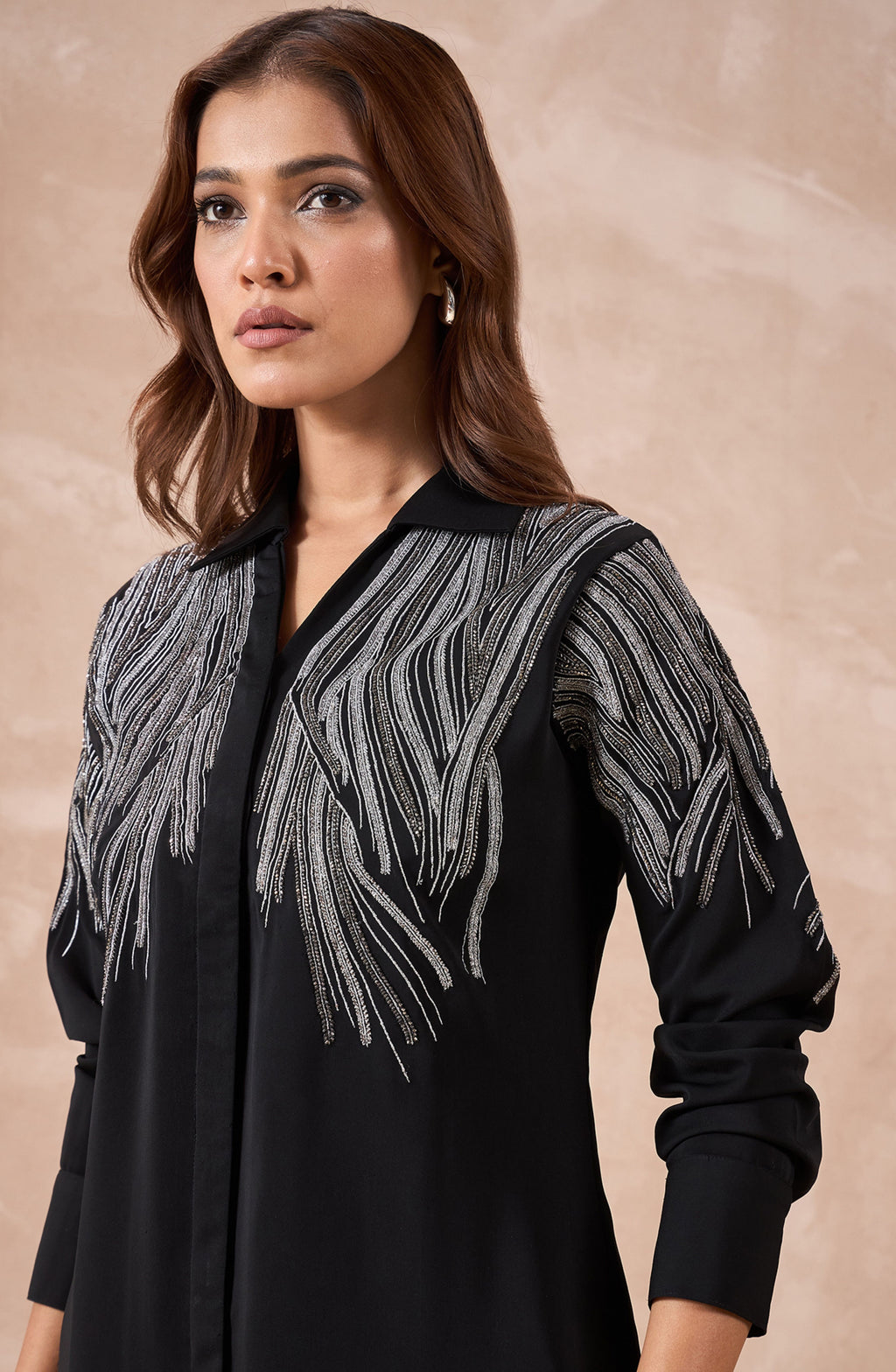 Black Shirt with Silver Metallic Fringe Embroidery