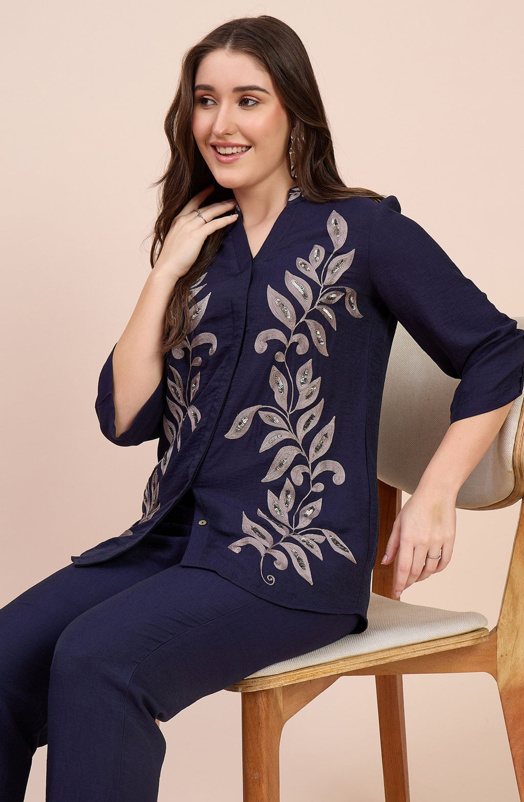 Navy Blue Co-ord Set with Beaded Leaf Embroidery