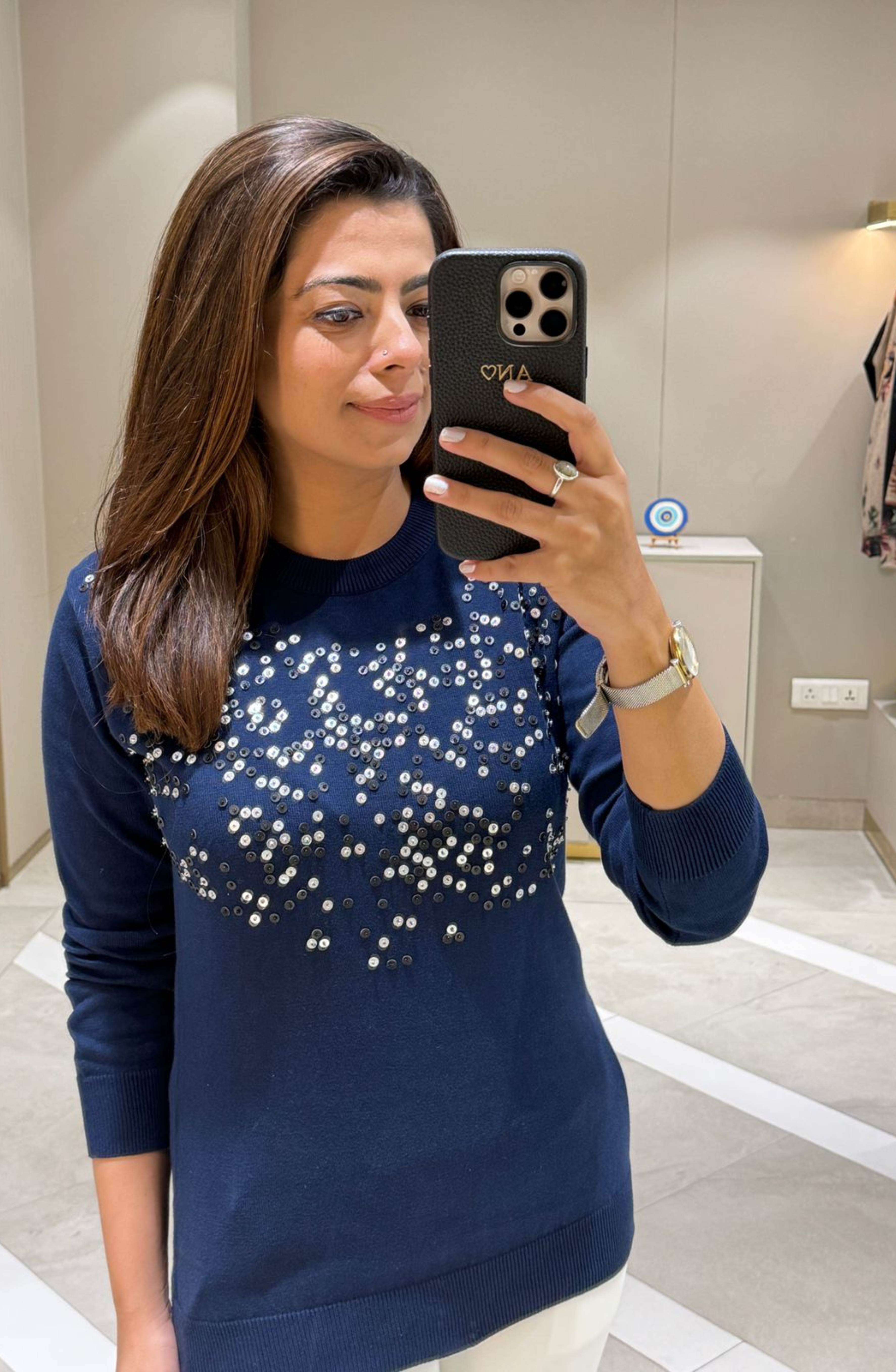 Navy Blue Embellished Sweater