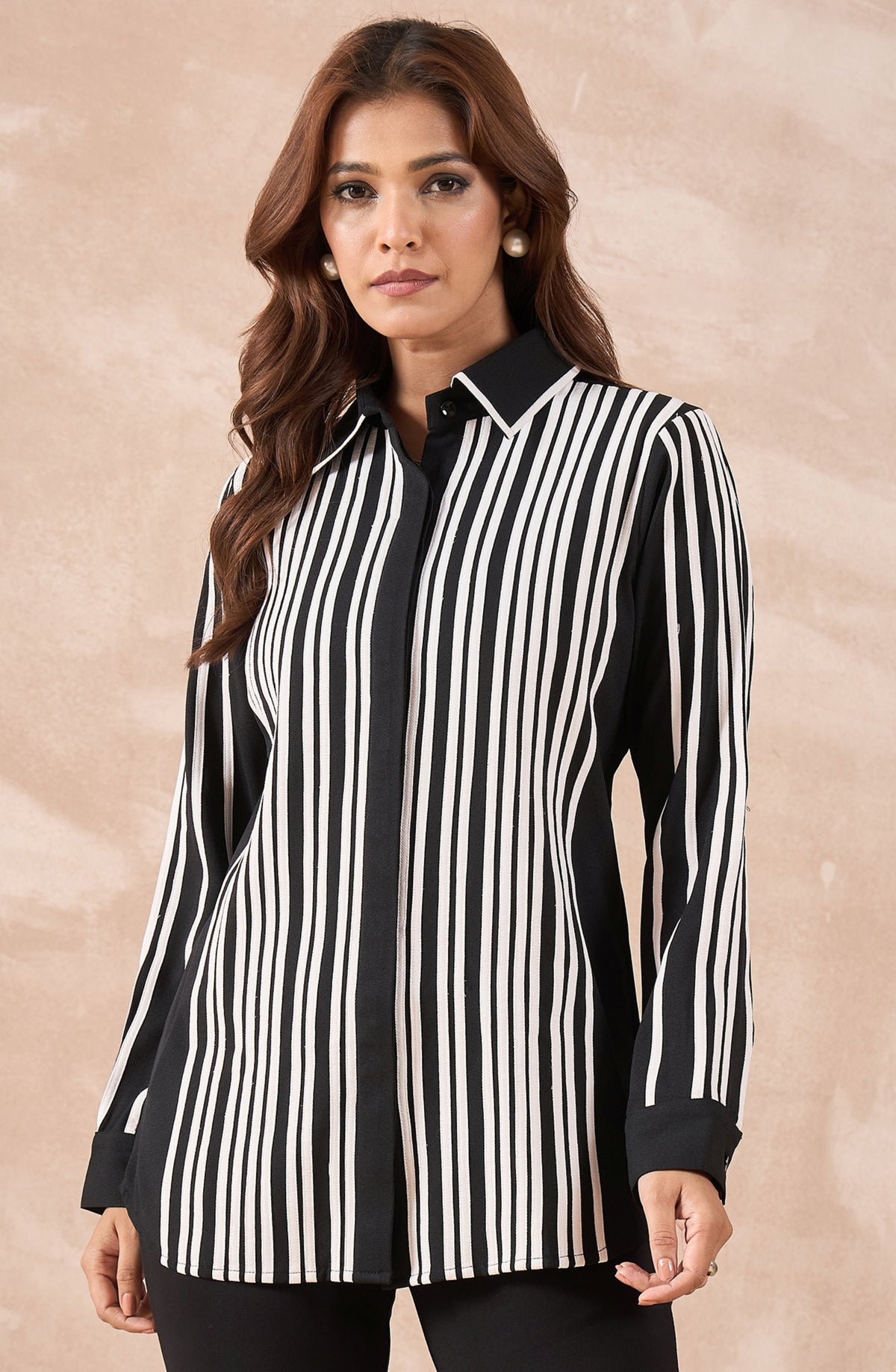 Black & White Striped Shirt with Contrast Collar