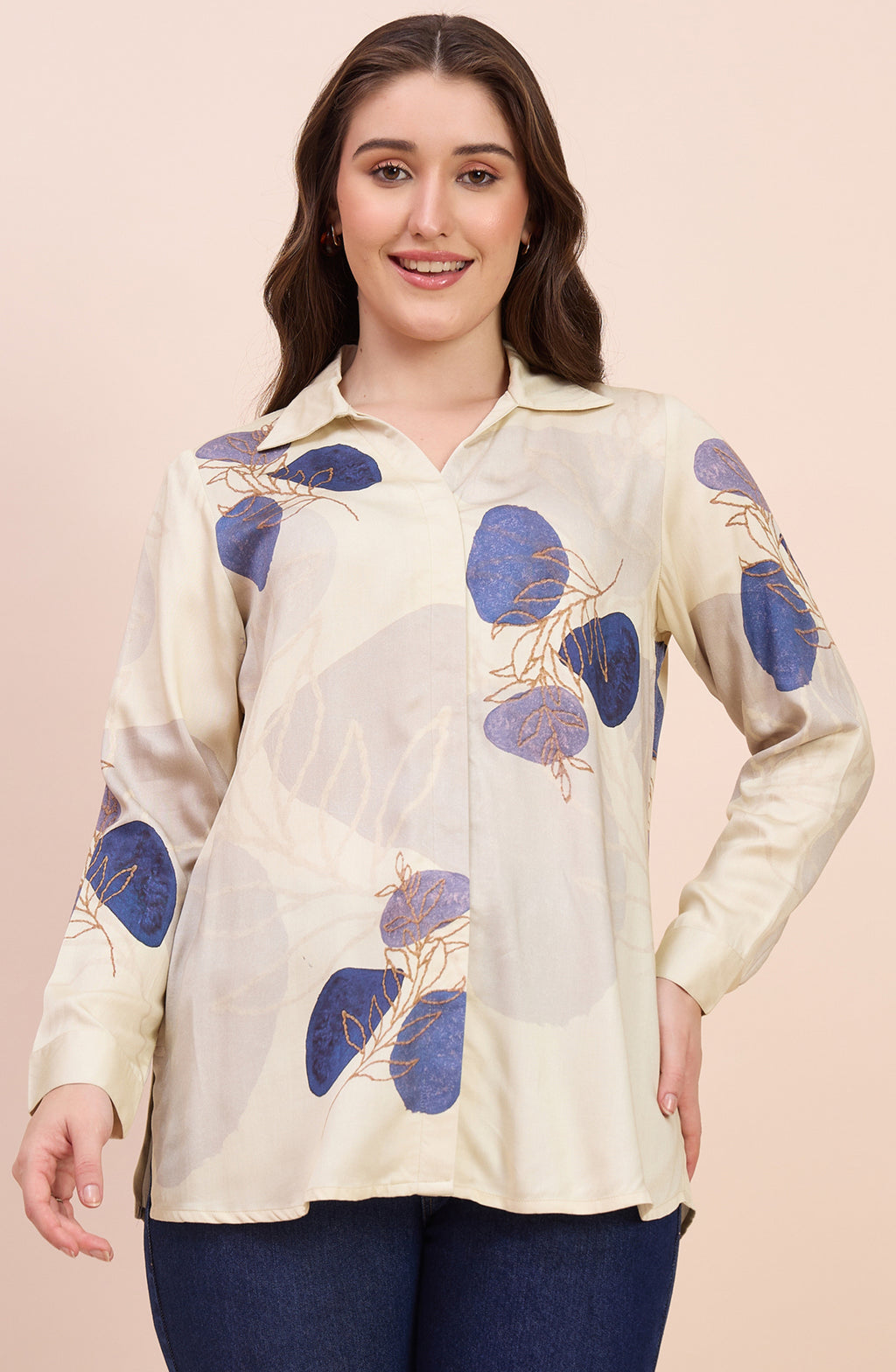 Ivory Satin Shirt with Blue Leaf Print