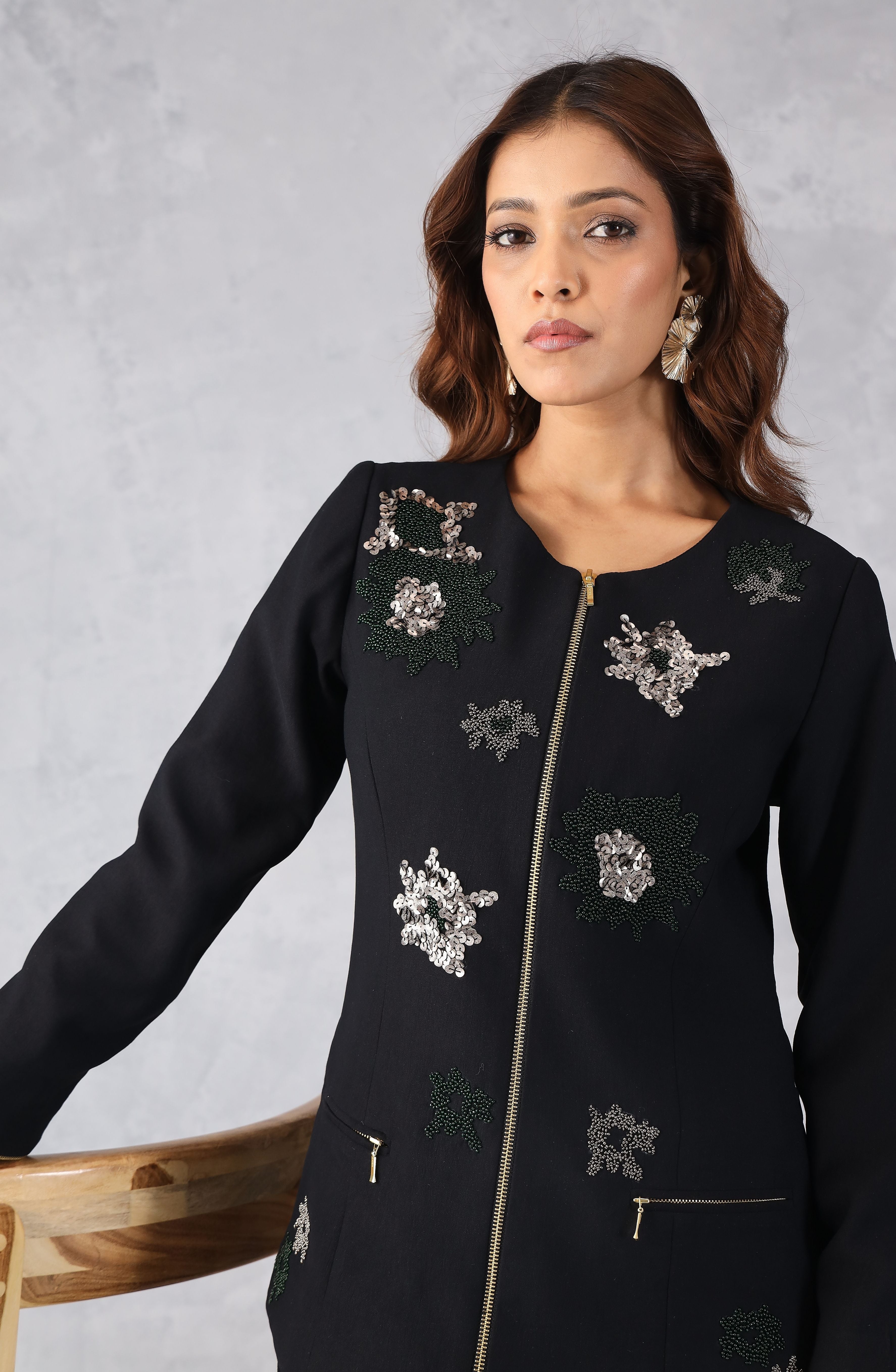 Black Embellished Zip-Front Co-Ord