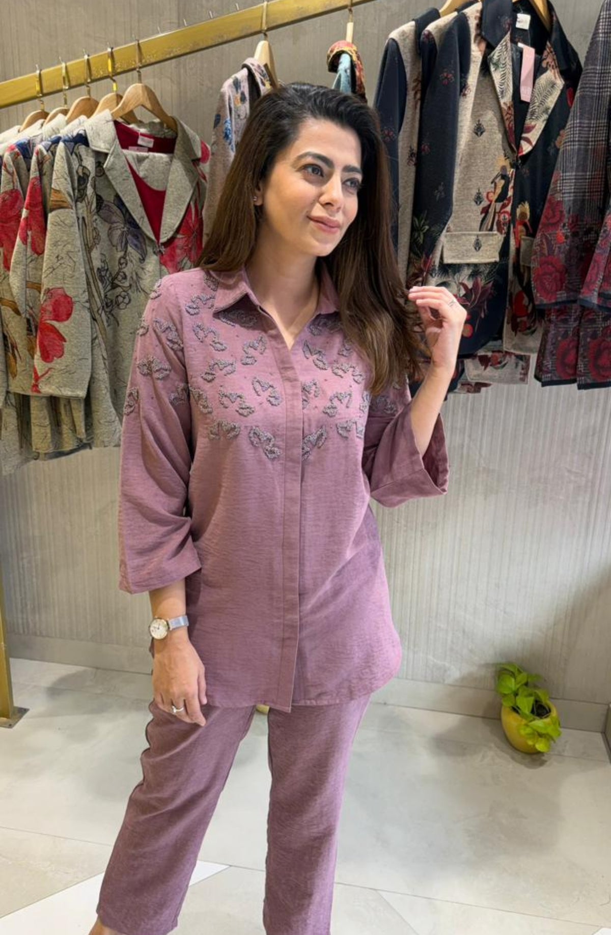 Pastel Pink Embellished Suede Co-Ord Set