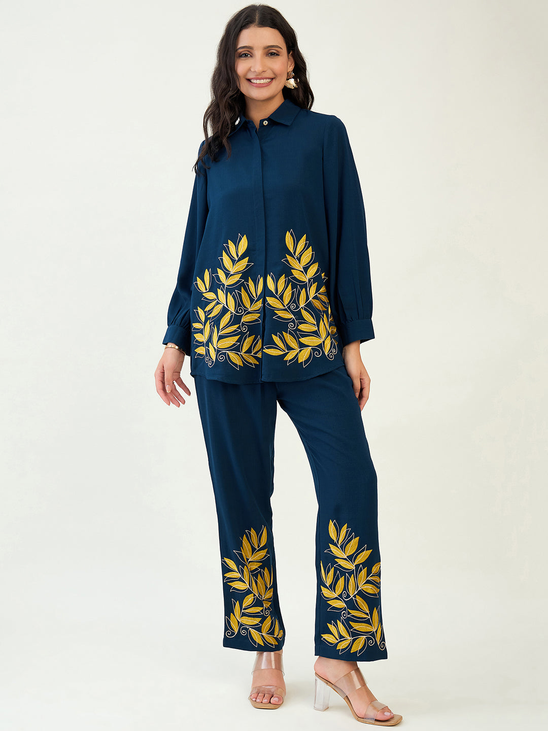 Navy Blue Leaf Embroidered Co-ord set