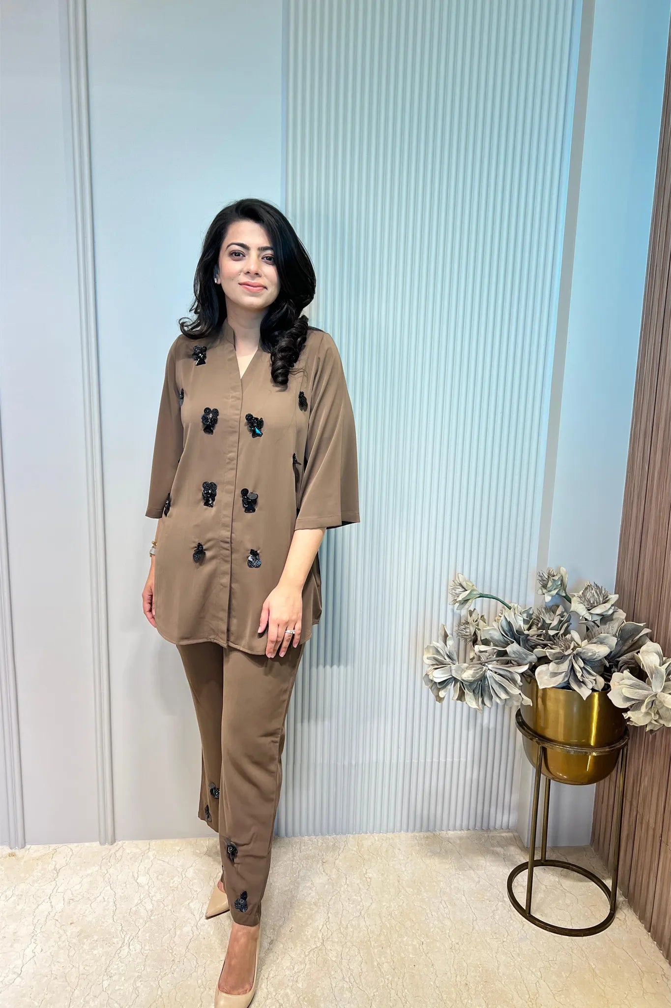 Beige 3d Motif Co-ord Set