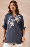 Charcoal Grey Shirt with Abstract Coral Applique