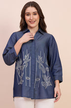 Denim Blue Shirt with Linear Floral Embroidery