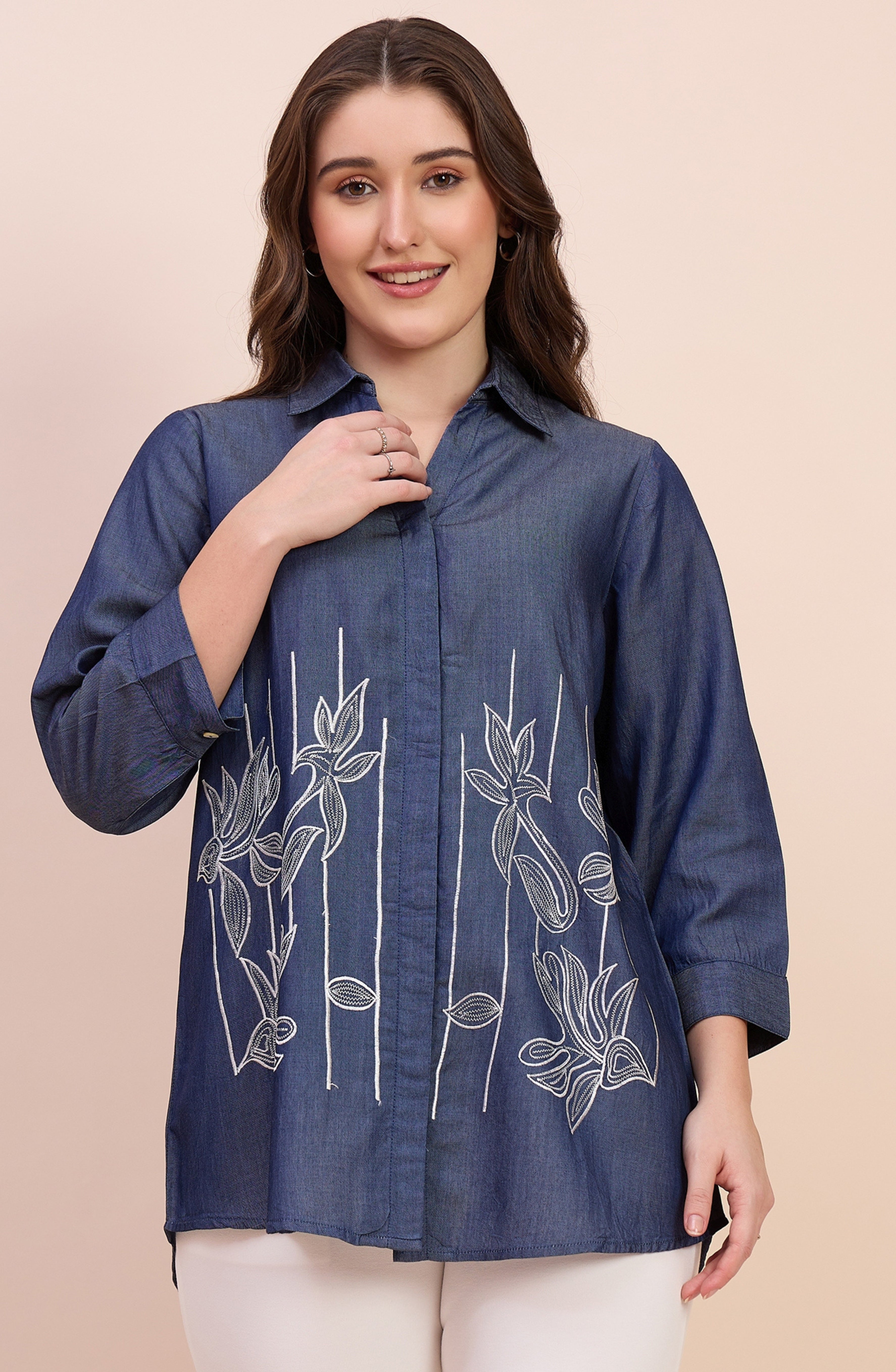 Denim Blue Shirt with Linear Floral Embroidery