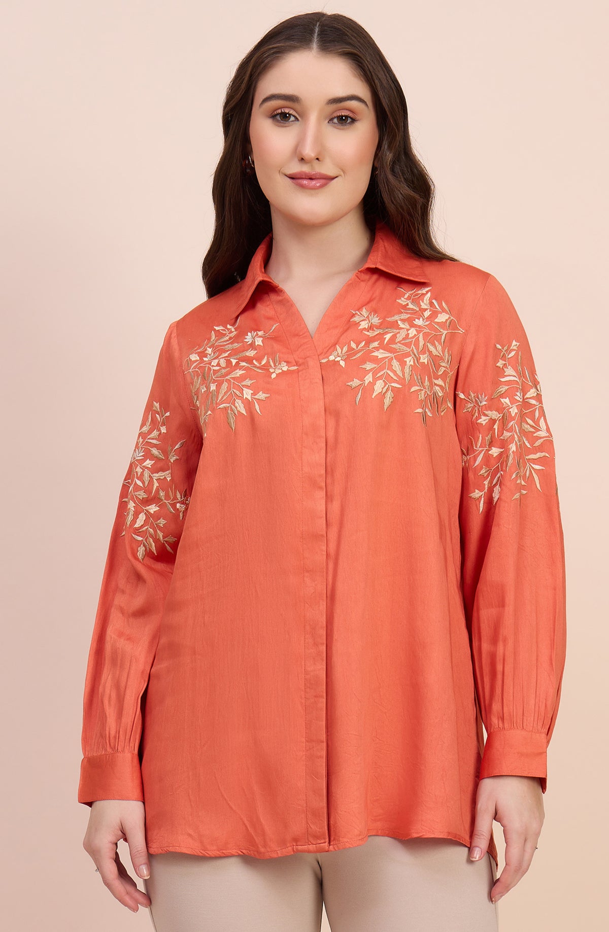 Rust Orange Shirt with Golden Vine Embroidery