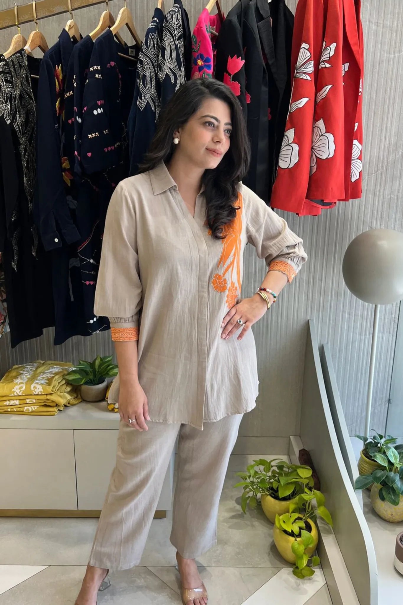 Classic Beige & Orange Fusion Co-Ord Set