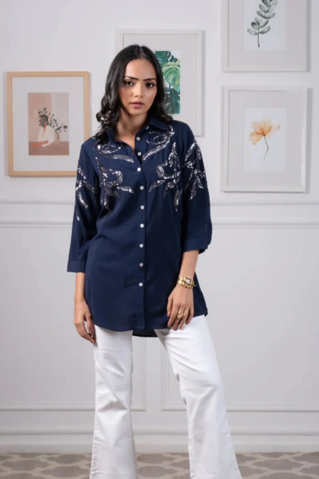 Navy Blue Sequin Shirt