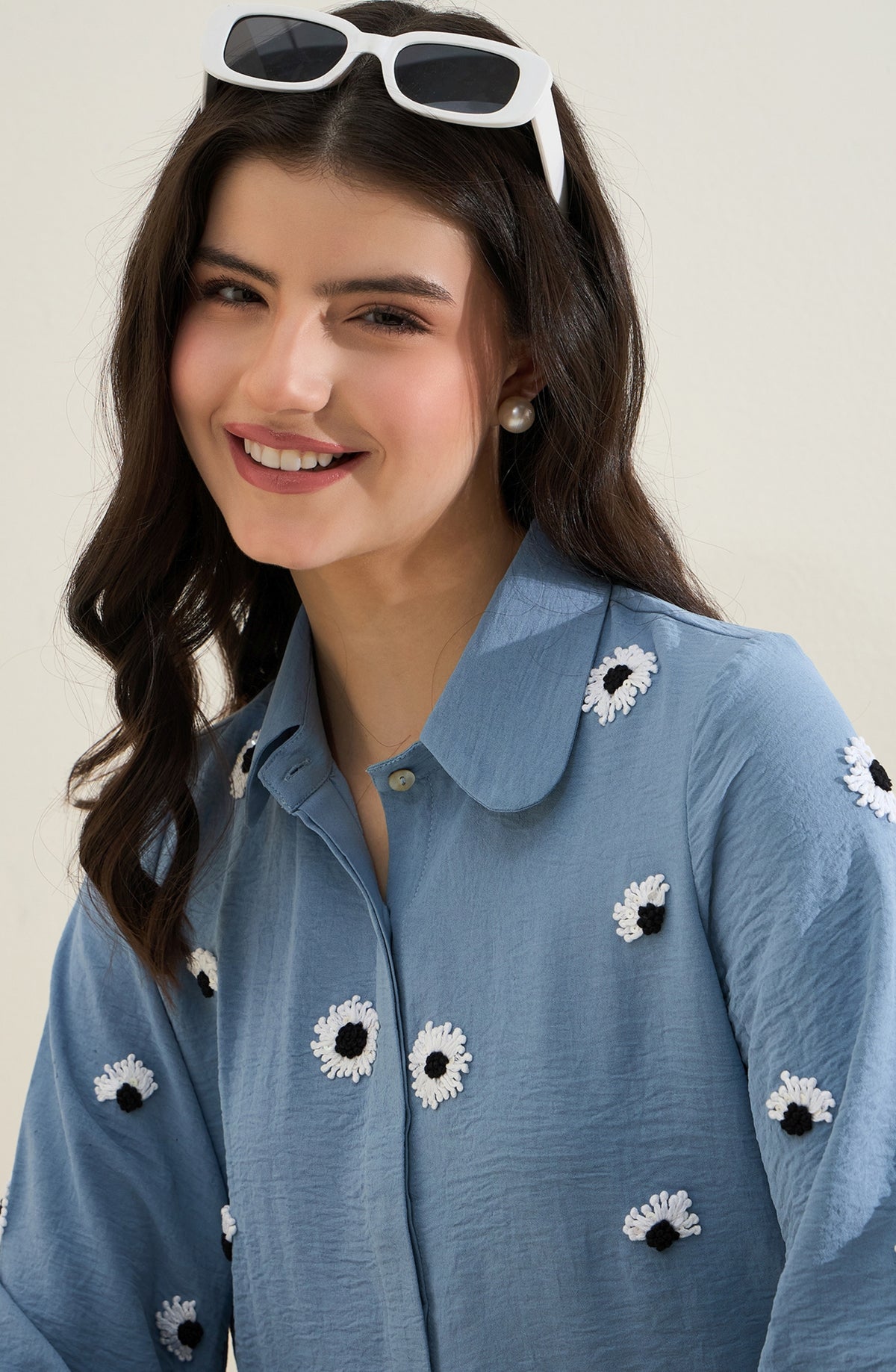 Denim Blue Shirt with Scattered Daisy Embroidery